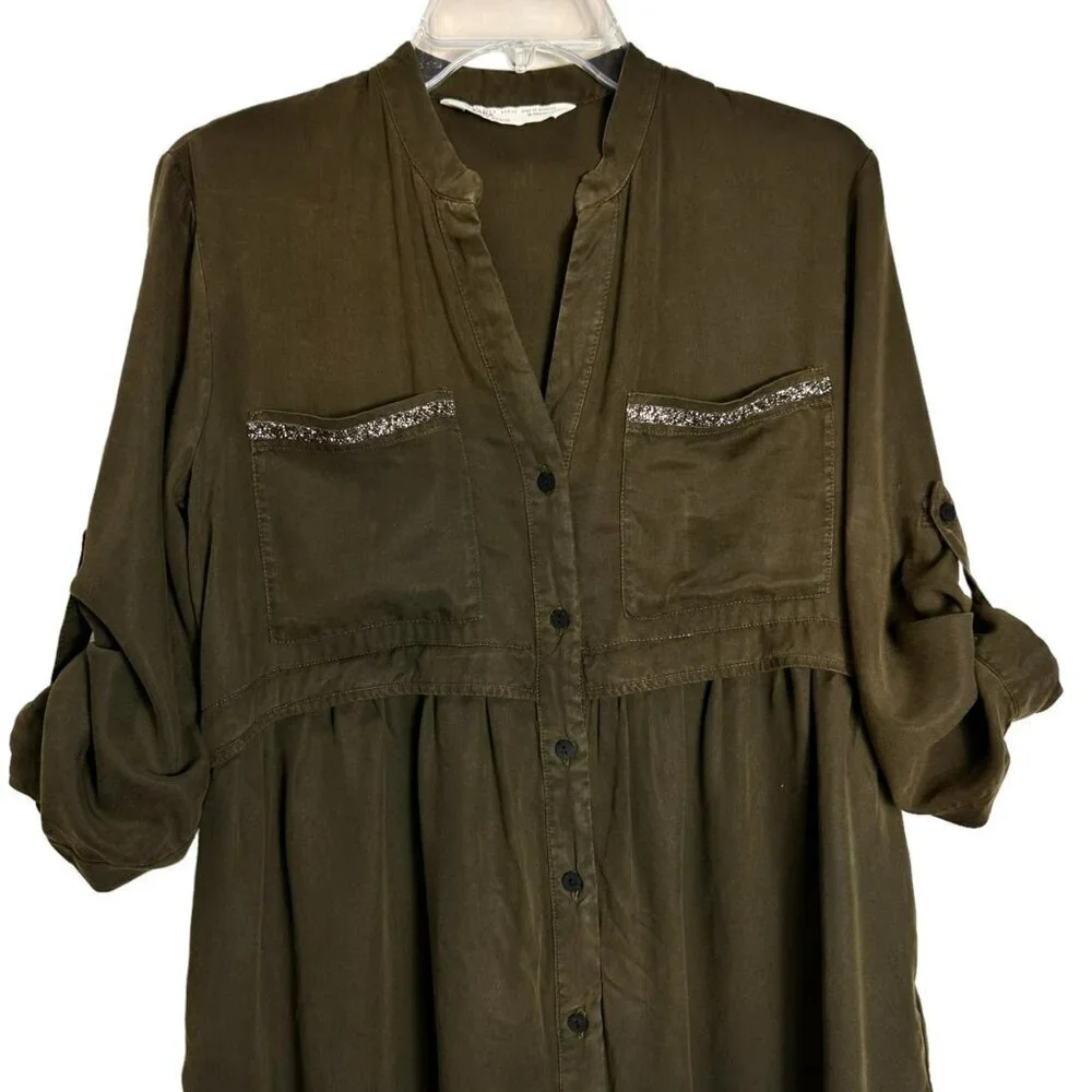 Zara Olive Green Beaded Shirt Dress Long Sleeve Utility Chic Size S - Picture 4 of 12